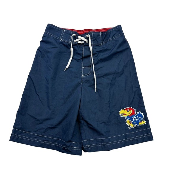 Kansas Jayhawks Swim Trunks Mens Small S Blue Red Mesh Lined Drawstring Swimwear - Picture 1 of 12